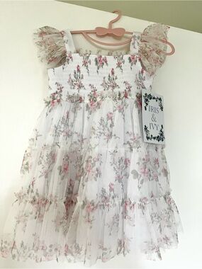 iris & ivy White Floral Tulle Dress with Pink & Green